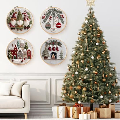 Santune Christmas Embroidery kit,Fall Needlepoint Cross Stitch Kits for Beginners Adult,Needle Point Sets,4 Embroidery,2 Hoops,Christmas Ornaments - Image 3
