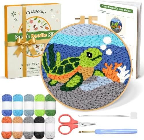 CYANFOUR Punch Needle Kit for Beginners, Sea Turtle Punch Needle Kits Adults, Craft Kits for Adults with 2 Pre-Printed Fabrics, Embroidery Hoop, Threads, DIY Gift and Home Decor 20 * 20cm by Cyanfour