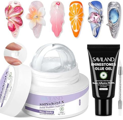 SAVILAND Pro Solid Builder Nail Gel for Nails with 30 g Rhinestone Glue Gel: 30 Days Long Lasting Clear 3D Nail Gel for Nail Extension Nail Art Salon by SAVILAND
