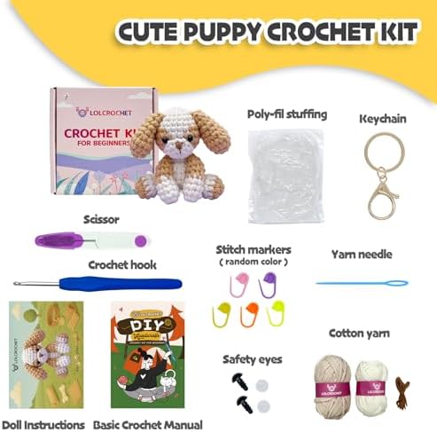 Cute Puppy Crochet Kit for Beginners, Learn to Crochet Animal Starter Set with Video Tutorial & Crocheting Manual, Easy Yarn Knitting Kit for Adult, Stuffed Dog Craft Doll Xmas Gift - Image 2