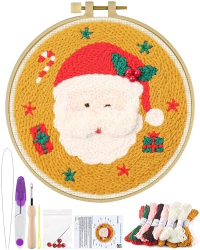 ERKOON Christmas Punch Needle Kit Adults Beginners, DIY Easy Christmas Embroidery Set for Starter Art Craft, Needling Punch Project with Patterns, Tools, Yarns, Hoop, Instruction (Santa Claus) by ERKOON