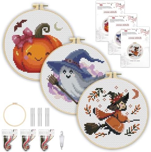 3 Pack Halloween Stamped Cross Stitch Kits for Beginners,with Hoop 6x6in by TCDZMYGS