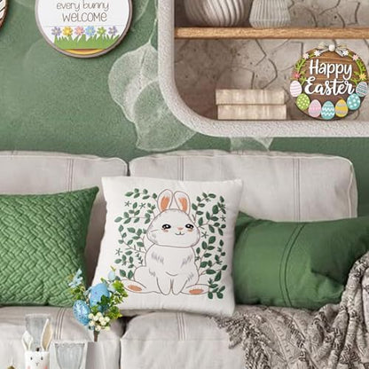 FONNUY Easter Throw Pillow Case Embroidery Kit, Eucalyptus Leaves Happy Rabbit Bunny Stamped Pattern Kits for Audlt Beginners, Hand Works Crafts Throw Pillow Cover, 18 x 18'' (Rabbit 01) - Image 3