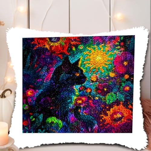 A Black Cat in Abstract Flowers DIY Latch Hook Pillow Kits for Adults Printed Pillowcase Crochet Yarns Hooking Handmade Pillow Cover Cushion for Home Sofa Decoration 17x17inch - Image 5