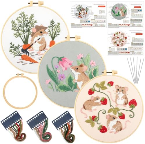 Mindsoft 3 Set Needlepoint Kit for Beginners with Hoop,Garden Mouse by Mindsoft