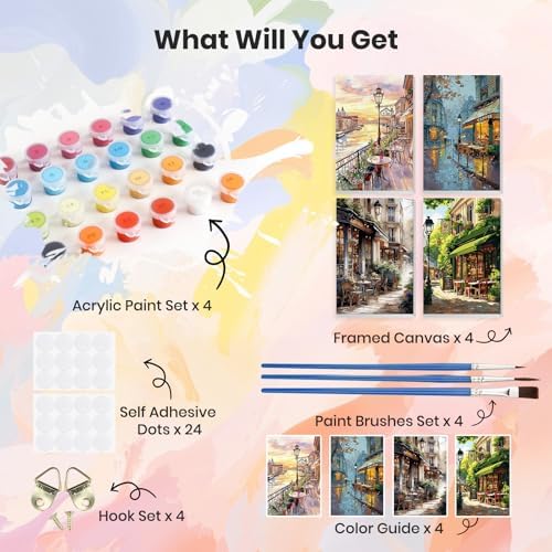 HEIBAGO 4 Pack Framed Paint by Numbers Kit for Adults Beginner, Adult Paint by Number Kits Street Cafe, DIY Paint by Numbers for Adults,Small Easy Acrylic Oil Painting for Wall Decor 8x12 Inch - Image 3