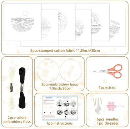 BEUNITONE 6PCS Beginner Embroidery Kit for Adults, Minimalist Black and White Style Pre-Stamped Pattern Needlepoint Kits with Hoops & Instruction, Hand Embroidery Kits for Fabric and Home Decor 7.9" - Image 2