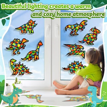 Lonfliness 32Sets Dinosaur Suncatchers Crafts Kit DIY Dino Window Stained Glass Effect Paper Dinosaur Animal Home School Classroom Decoration Art Craft Creative Activity Project Kid Gift Favor - Image 4