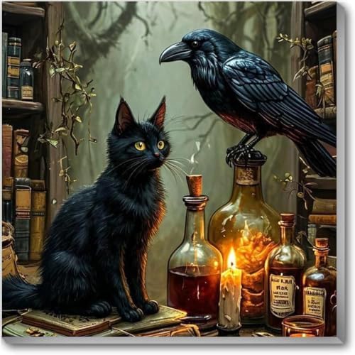 Halloween Paint by Numbers Kit for Adults-Cat & Crow, Oil Painting 10x10In by TCDZMYGS