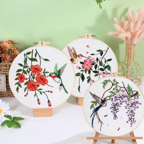 Ohcol 3 Sets Hummingbird Embroidery Kit for Beginners Needlepoint Kits for Adults Cross Stitch Kits with Clear Instructions,Easy Funny Stamped Bird Patterns Fabric Hand Crafts - Image 2