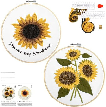 Sunflower Embroidery Kits for Beginners Adults, Floral Hand Embroidery Set Needlepoint Kits, Stamped Cross Stitch Kits for Beginners Adults, 2 Embroidery Hoops, Fabric, Thread(Attached Video Tutorial) by Armindou