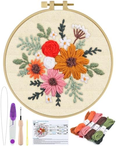 ERKOON Punch Needle Kit Beginners Adults, DIY Easy Flower Embroidery Set for Starter Art Craft, Needling Punching Project with Patterns, Tools, Yarns, Hoop, Instruction (Rainbow Flowers) by ERKOON