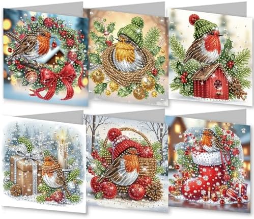 6Pcs Christmas Greeting Card DIY Diamond Art Painting Greeting Cards Blessing Folding Card Kit with White Envelopes Diamond Arts Crafts for Birthday Festival Gift-Bird02 by BAYUNOESparkDiamondCraft