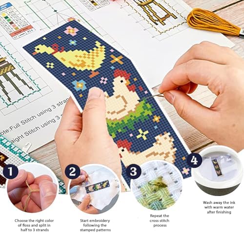 FREEBLOSS 6 Set Cross Stitch Bookmark Kit for Beginner Adults Farm Animal Stamped Embroidery Bookmark Kits Cross Stitch Kits with Instruction Bookmarks Making Kit for Book Lovers 8x2.4in/20x6cm - Image 4