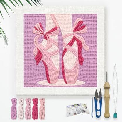 DOODLREAM Pink Ballet Slippers Needle Kit for Beginner, 9.4"x 9.4" Elegant Dance Punch Stitching Craft Set, DIY Embroidery Starter with Printed Frame, Instruction, Threader, Yarn, Punch Needle by Doodlream