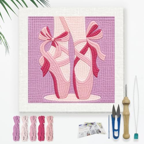 DOODLREAM Pink Ballet Slippers Needle Kit for Beginner, 9.4"x 9.4" Elegant Dance Punch Stitching Craft Set, DIY Embroidery Starter with Printed Frame, Instruction, Threader, Yarn, Punch Needle by Doodlream
