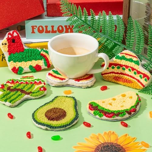 WATINC Christmas Punch Needle Coaster Kits - 23Pcs Easy Art Work Decor Craft Supply for Beginners, DIY Set of 6 Pattern Tufted Pads with Adhesive Felt Yarns Tools Coaster Holder Instruction (Green) - Image 4