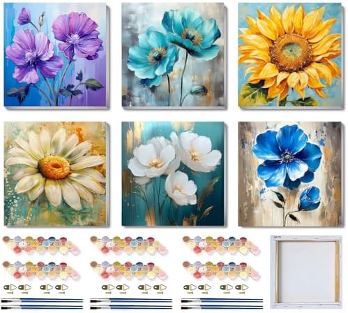 SYDYLH 6 Pack Paint by Numbers Kit for Adults/Kids, Easy Framed Adults Paint by Numbers Kits, DIY Simple Flowers Acrylic Oil Painting Number Kits for Home Wall Decor (8 x 8 Inch) by Unknown