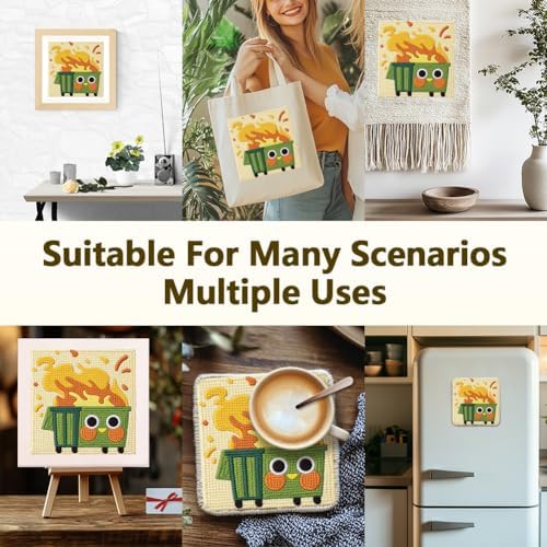 Doodlream Burning Trash Can Needle Kit for Beginner, 9.4"x 9.4" Funny Cartoon Punch Stitching Craft Set, DIY Embroidery Starter with Printed Frame, Instruction, Threader, Yarn, Pinch Needle - Image 5