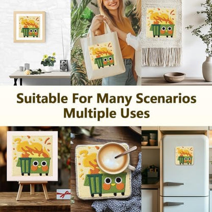 Doodlream Burning Trash Can Needle Kit for Beginner, 9.4"x 9.4" Funny Cartoon Punch Stitching Craft Set, DIY Embroidery Starter with Printed Frame, Instruction, Threader, Yarn, Pinch Needle - Image 5