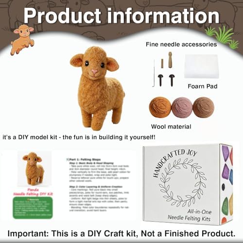 FACE N FACE DIY Needle Felting Kit Cute Golden Yellow Lamb Standing – Needle Felting Starter Kit with Fiber Roving, Needles, Felting Pad & Instructions | Felted Farm Animal Kit for Beginners Adults - Image 3