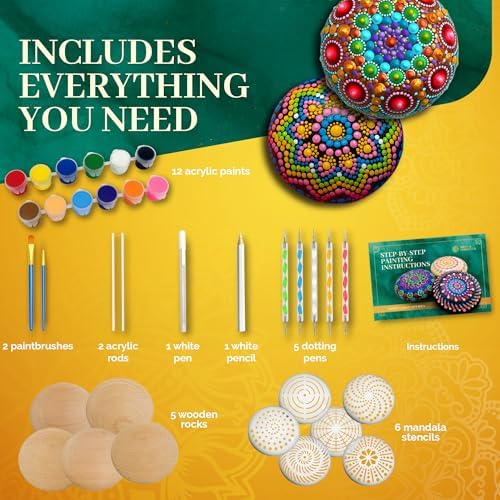 Mandala Rock Painting Kit – Mandala Dotting Tools Set - 5 Large Wooden Rocks + 6 Stencils + Acrylic Paints - Relaxing Arts and Crafts for Adults Women - DIY Hobbies Art and Projects Dot Art Kit - Image 2