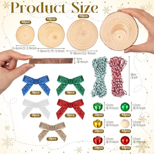 Gerrii 120 Pcs Natural Wooden Slices 2-4 Inch Wooden Christmas Ornament Embellishments Craft with Bows Beads Bells DIY Creative Handmade for Christmas Ornaments Holiday Hanging Decorations - Image 2