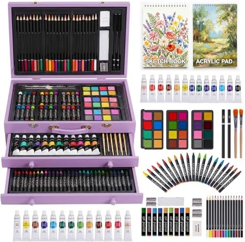 175 Piece Deluxe Art Set with 2 Drawing Pads, Acrylic Paints, Crayons, Colored Pencils, Paint Set in Wooden Case, Professional Art Kit, Art Supplies for Adults, Teens and Artist, Paint Supplies by TMOLARTSUPPLIES
