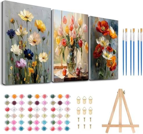 3 Pack Floral Framed Paint by Numbers Kits for Adult with Easel (8x12 inch) by MeothanDiamondPainting