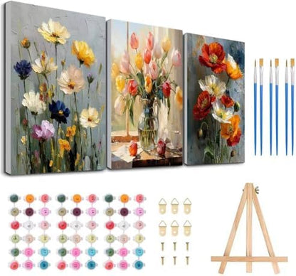3 Pack Floral Framed Paint by Numbers Kits for Adult with Easel (8x12 inch) by MeothanDiamondPainting