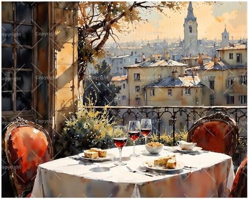 City Balcony Paint by Numbers Kit for Adults - DIY Wine and Food Scene Over Rooftops Painting on Canvas 16x20In, Framed Acrylic Paint Set, Suitable for Beginners, Art for Home Decoration/Gifts by Unknown