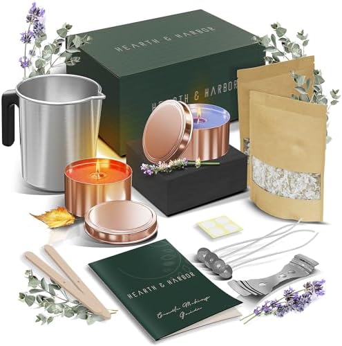 Hearth & Harbor Organic Soy Candle Making Kit for Adults, DIY Crafts, Complete Candle Making Supplies Include Natural Soy Wax, Tins, Pot, Wicks & More – Gift Idea, Perfect Home Decor – 1 Lbs by HearthHarbor