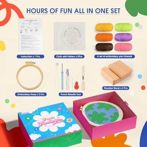 yuegool 2PCS Punch Needle Decoration Kit,Easy DIY Punch Needle Embroidery Kit for Beginners Adults Kids Including Patterns, Tools, Yarns, Hoop, Instruction, Bracket Art Craft Supplies - Image 2