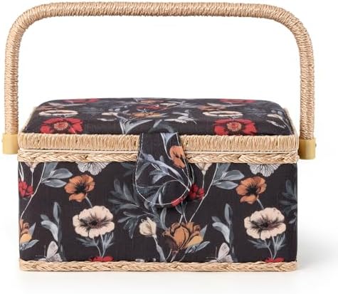 NOTIONSLAND Sewing Basket with Sewing Supplies, Medium Sewing Box for Accessories Storage, Black Red Flower - Image 2