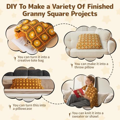 WILSHIN Blanket Crochet Kit for Beginners - Granny Squares Crochet Kit with Soft Yarns, Step-by-Step Tutorials & Detailed Instructions, Easy Craft Gift for Adults (Yellow Sunflower) - Image 6