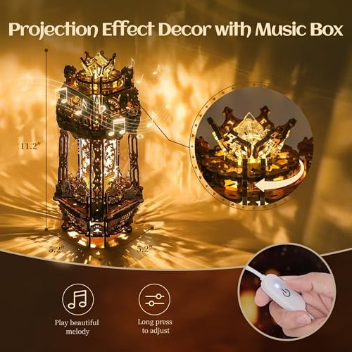 FUNPOLA LED 3D Wood Puzzle Poker World Projector Lamp – DIY Craft Kit with LED Lights and Music Box – Creative Poker-Themed Lamp, Nightlight Gift for Home Décor (White Maple) - Image 5