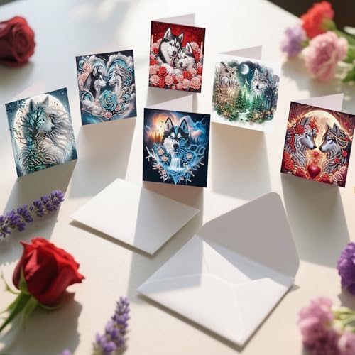 MVVMTOP 6pcs Diamond Painting Greeting Card with envelopes, DIY Wolf Diamond Art Greeting Card for Blessing and Wish Special Shaped Arts Crafts for Christmas Birthday Thanksgiving Day Holiday - Image 4