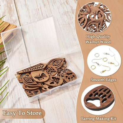 Elecrelive 8 Pairs Wooden Charms for Earring Making, Coconut Brown Wood Earring Pendants Paw Print Oval Teardrop Wood Earrings Blank Wooden Dangle Earring Making Kit with Earring Hooks - Image 2