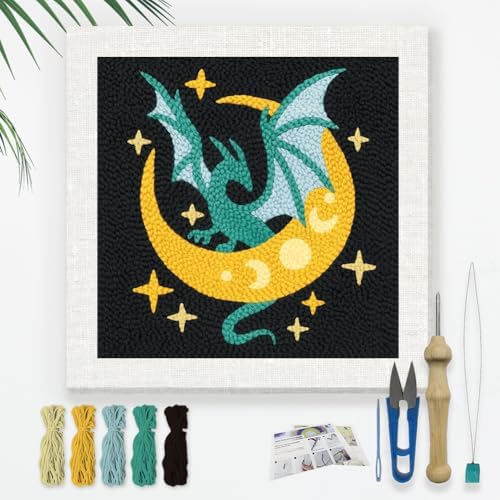 Doodlream Dragon Moon DIY Punch Needle Embroidery Kit for Adult Beginner, 9.4" Dragon Stars Punch Stitching Craft Set for Starter with Frame,Fabric Pattern,Threader, Yarn, Pinch Needle by Doodlream