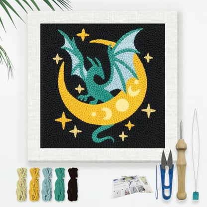 Doodlream Dragon Moon DIY Punch Needle Embroidery Kit for Adult Beginner, 9.4" Dragon Stars Punch Stitching Craft Set for Starter with Frame,Fabric Pattern,Threader, Yarn, Pinch Needle by Doodlream