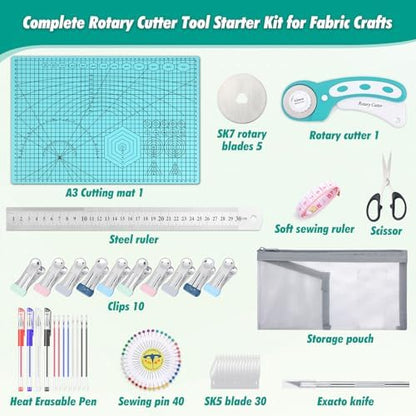 Rotary Cutting Mat and Tools Set, Audab 45mm Fabric Cropping Cutter Wheel with A3 Self Healing Sewing Mat, Blades, Quilting Ruler and Clips, Crafts Knife for Shirt Cloth Patchworking Scrapbooking - Image 3