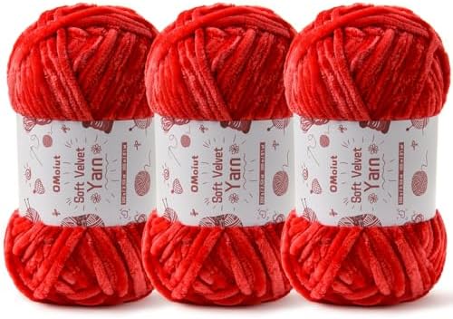 3x100g Fluffy Velvet Chenille Yarn for Crocheting and Knitting, 3x87.4yd Baby Yarn for Crocheting Soft, Crochet Chunky Yarns Amigurumi Yarns (Red) by OMoiut