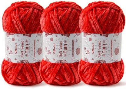 3x100g Fluffy Velvet Chenille Yarn for Crocheting and Knitting, 3x87.4yd Baby Yarn for Crocheting Soft, Crochet Chunky Yarns Amigurumi Yarns (Red) by OMoiut