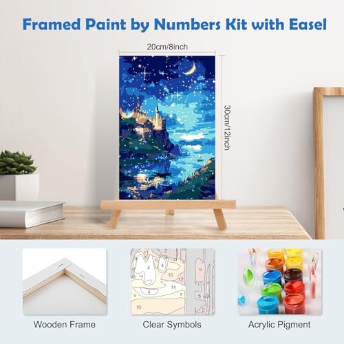 MOGTAA Paint by Numbers Kit for Adults with Frame, Starry Night Paint by Number Canvas, Lake Landscape Paint by Numbers with Easel, DIY Castle Oil Painting Kit for Home Wall Decor 8 x 12 Inch - Image 2