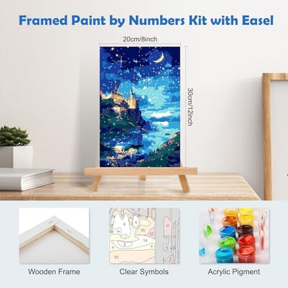 MOGTAA Paint by Numbers Kit for Adults with Frame, Starry Night Paint by Number Canvas, Lake Landscape Paint by Numbers with Easel, DIY Castle Oil Painting Kit for Home Wall Decor 8 x 12 Inch - Image 2