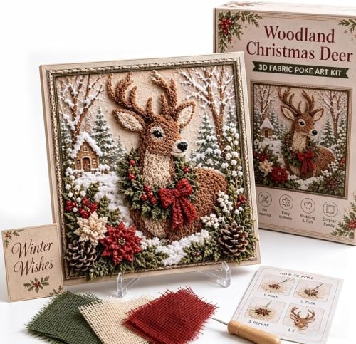 Trmonol Christmas 3D Fabric Poke Art Kit, DIY Christmas Craft Kit, Handmade Fabric Poke Art Kit for Adults and Beginners, Create Cozy Holiday Magic，Woodland Christmas Deer by Trmonol