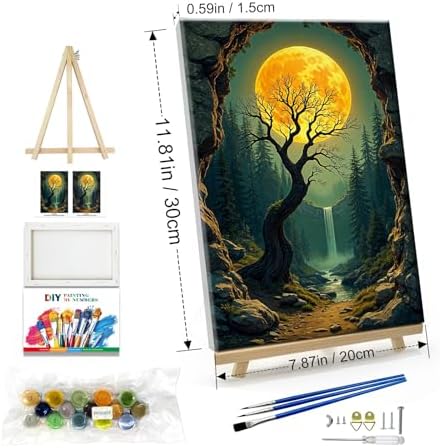 JOOZ Paint by Numbers Kit for Adults with Frame Moon Paint by Number with Easel Tree Adult Paint by Number Kits Framed Canvas Mountain Waterfall Oil Painting Kits for Gift Home Wall Decor 8x12 Inch - Image 4