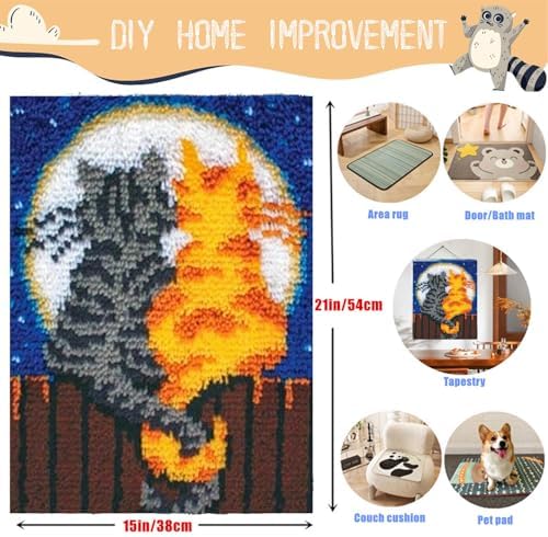 EMISTEM Moonlight Cat Pair Latch Hook Kits for Adults Beginners, 16“ X 21" - Image 4