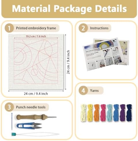 Doodlream Color Geometric Shape Needle Kit for Beginner, 9.4"x 9.4" Abstract Art Punch Stitching Craft Set, Color DIY Embroidery Starter with Printed Frame, Instruction, Threader, Yarn, Pinch Needle - Image 2