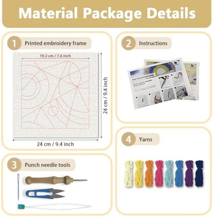 Doodlream Color Geometric Shape Needle Kit for Beginner, 9.4"x 9.4" Abstract Art Punch Stitching Craft Set, Color DIY Embroidery Starter with Printed Frame, Instruction, Threader, Yarn, Pinch Needle - Image 2